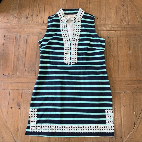 Sail To Sable Classic dress Large Navy Teal Stripe Embroidered Preppy Old Money - Picture 1 of 12